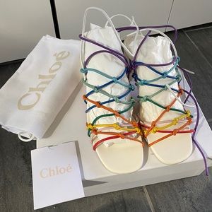 Chloe multi colors lace up strappy white block heel sandals Sz 37.5